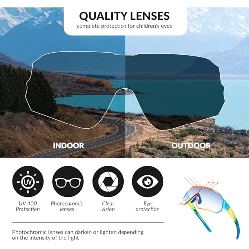 ROCKBROS Kids Photochromic Cycling Glasses, UV400 Clear to Dark Transition Sports Sunglasses for Youth Boys Girls Age 8-14 - color: Glossy Blue / Photochromic