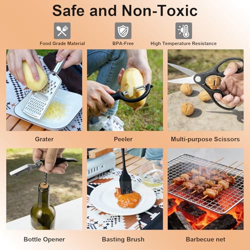 Camping Accessories Kitchen Cooking Utensils Set, Portable Outdoor Camp Cookware Set, Silicone Camper Essentials Gear Must Have Supplies for Travel RV BBQ Grill Picnic Hiking