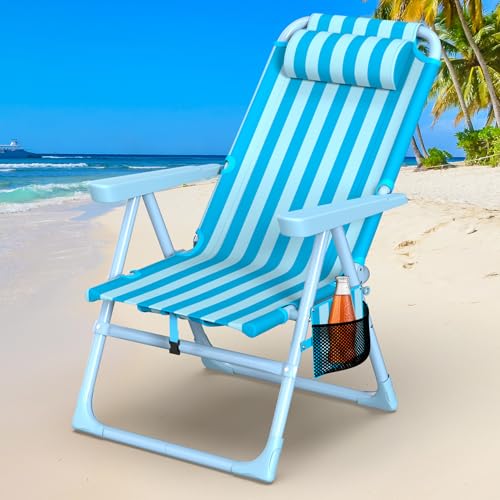 Suteck Backpack Beach Chair, 6-Positions Beach Chairs for Adults with Cooler Bag, Reclining Beach Chair with Cup Holder Folding Camping Chair for Sand Outdoor - color: Light Sky