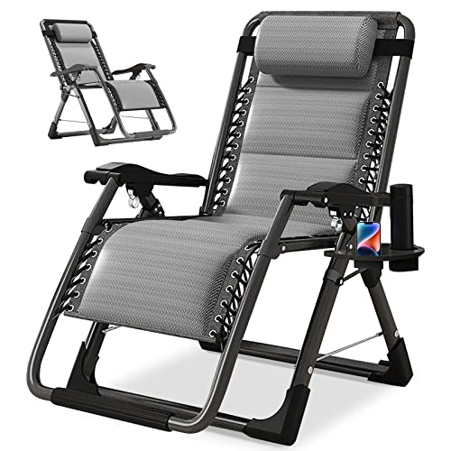 NAIZEA Padded Zero Gravity Chair, Cooling Fabric Folding Outdoor Lounge Chairs, Adjustable Reclining Camping Chairs with Cup Holder, Ergonomic Patio Lawn Chair for Balcony Beach Deck Yard - color: Ice Silk Gray, style: Zero Gravity Chair