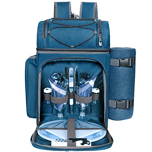 Hap Tim Picnic Basket Backpack for 2 Person with Insulated Leak Proof Cooler Compartment,Wine Holder,Fleece Blanket,Cutlery Set, Engagement Gifts, Mr and Mrs Gifts, Couples Gifts, Blue (36083-BL2) - color: Blue2, size: 2 Person