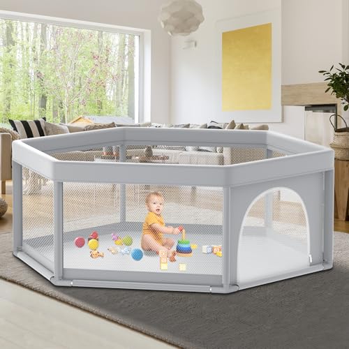 Fshibila 65" ×65" Hexagonal Baby Playpen, Baby Playard for Babies and Toddlers, BabyFence Play Pens for Indoor & Outdoor, Sturdy Safety Play Yard with Soft Breathable Mesh, Anti-Fall, Grey - color: Grey, size: 65 x 65 IN Hexagonal