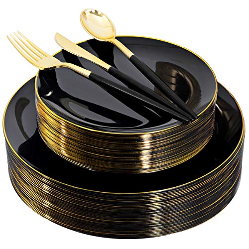 150pcs Black Plastic Plates, Black and Gold Plates,Gold Plastic Silverware,Black and Gold Dinnerware Set,Premiun Taleware,Perfect for Birthday,Party,Wedding,Anniversary - color: 150pcs Black and Gold Plastic Dinnerware Set