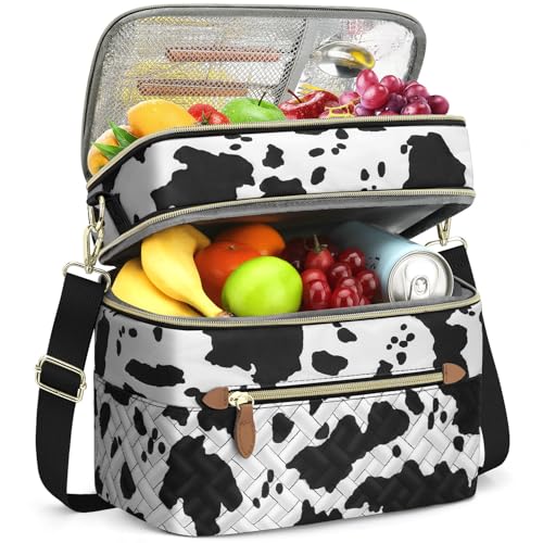 Capolo Lunch Box for Women Men Adults,Double Deck Insulated Lunch Bag Leakproof Lunch Cooler Box with Removable Strap Lunch Tote Bags Reusable Thermal Lunchbox for Work Picnic(Large,Cow print) - color: Cow print, size: Large
