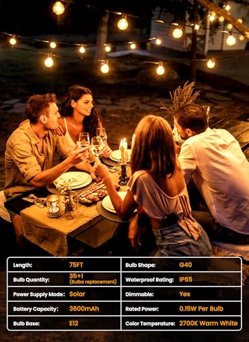 Brightown 75FT Solar String Lights Outdoor with Remote and 36 LED Shatterproof Bulbs, Dimmable & Timable, 3 Light Modes, Solar Patio String Lights Outdoor for Cafe, Garden, Deck, Outside Wedding - size: 75FT