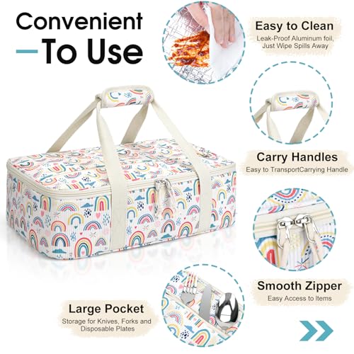 Corduroy Casserole Carrier, Insulated Lasagna Lugger for Hot/Cold Food, Fits 9" x 13" Baking Dish, Thermal Lunch Tote for Potluck & Picnic - Corduroy Rainbow - color: Corduroy Rainbow, size: 16x10x4 in