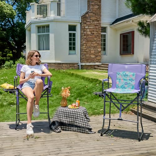EVER ADVANCED Portable 30.7" Seat Height Tall Folding Camping Chair Directors Chair High Foldable Bar Stool with Side Table for Makeup Artist, Sports Event, Craft Show, Supports 350LBS - color: Purple