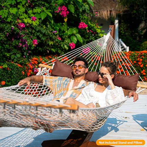 Lazy Daze Hammocks 12FT Double Rope Hammocks, 2 Person Hand Woven Cotton Hammock with Pillow and Spreader Bar for Outside, Patio, Poolside, FIT 13-15 Ft Stand, Max 450 Lbs, Natural, 141 x 57 inches - color: Natural With Brown Pillow