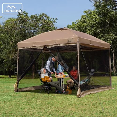KAMPKEEPER 10x10 Pop-Up Canopy Tent, Waterproof Portable Shade with Screen Walls, Adjustable Instant Outdoor Shelter for Camping, Backyard, and Events, Khaki - color: Khaki