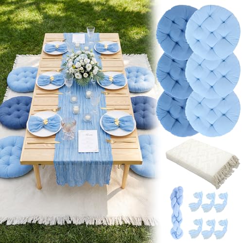 Beeveer 91 x 71'' Extra Large Outdoor Picnic Blanket with Blue Picnics Table Runner 6 Napkins and 6 Blue Floor Pillows Cushions for Picnic Party Camping Wedding Bachelorette Birthday Baby Shower Decor - color: Blue