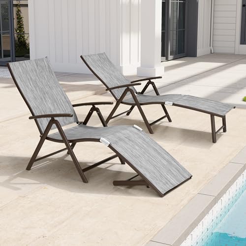 Crestlive Products 2PCS Chaise Lounge Chair Outdoor with 1PC Side Table, Aluminum Folding Patio Recliner Chair, Adjustable 8 Positions Assemble-Free - color: Dark Gray, size: 2 Pcs