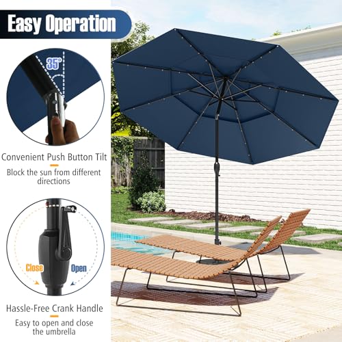 Tangkula 10 FT Solar LED Patio Umbrella, 3-Tier Vented Outdoor Market Table Umbrella with 32 LED Lights, Tilt Adjustment, Crank Handle, 8 Ribs for Backyard Pool Deck (Navy) - color: Navy