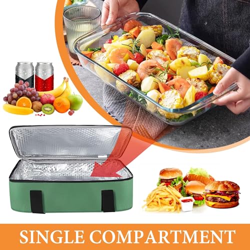 Insulated Casserole Carrier - Insulated Thermal Carry Bag for Hot or Cold Food, 9"X13" Casserole/Baking Dish Carrier for Travel/Party, Durable Nylon, Green, Single Layer with Zip Pockets - color: Green - 1