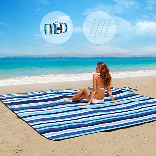 ZAZE Beach Blanket Picnic Blankets with Stakes, Thick 3-Layer 80*80 Oversized Waterproof Sandproof Compact Outdoor Mat, Big Extra Large Foldable Camping Park Vacation Travel Accessories(Blue Stripe) - color: Blue White Stripe With Stakes