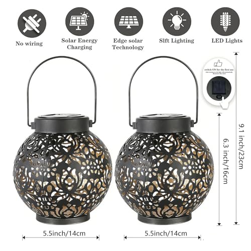 2 Pack Solar Lanterns Outdoor Gifts, IP44 Waterproof Hanging Solar Lights Decor Lamp for Garden, Patio, Pathway, Yard, Porch (Classic Black Flower) - color: Classic Black Flower