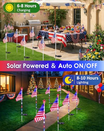 8 Pack American Flag Solar Lights Outdoor, 4th of July Decorations Red White and Blue Star Lights, 2 Modes Waterproof Solar Patriotic Lights for 250th Anniversary Independence Memorial Day Garden Yard - color: Red White and Blue-Flag, size: 8 Pack