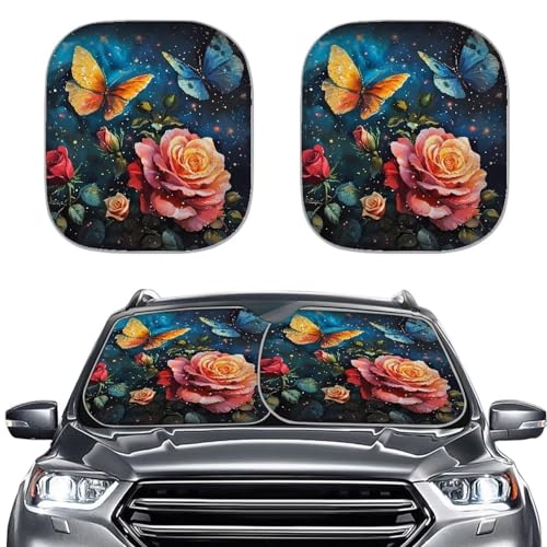 Butterfly Rose Sun Shade Blocking Sun Protection Cover for Car Portable Windshield Sun Shade 2-Piece Car Front Window Sunshade Blocks UV Rays Sun Visor - color: Butterfly Rose