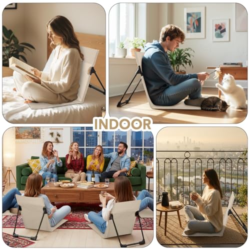 Jetec Foldable Floor Backrest Chair Portable Camping Chair with Storage Bag Light Weight Lazy Seat for Indoor Outdoor Bed Ground Park Lawn Concerts Beach Hiking - color: Beige, size: Regular