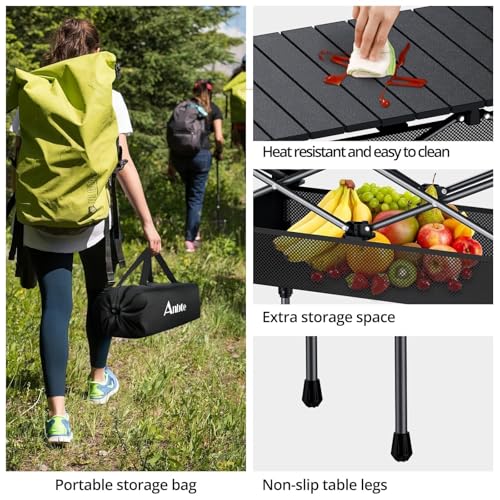 Anbte 3ft Aluminum Roll Top Camping Table Max 27.5", 2 Adjustable Height Folding Camping Table Waterproof with Storage Net and Bag for BBQ Picnic Tailgating Backyard RV Travel, 32.2” x 16”, Pure Black - color: Pure Black, size: 32"L x 16"W x 27.5"H (2 hei