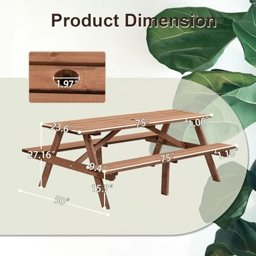 Outdoor Wooden Picnic Table with Benches and Umbrella Hole, Rustic Style Lifetime Picnic Table Bench Set for 6 or 8 Person for Backyard, Porch, Patio, and Deck, Brown - size: Rectangle-6person