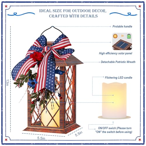4th of July Solar Lanterns Outdoor Waterproof, Patriotic Hanging Lantern with Flickering LED Candle, 13" Independence Day Lanterns Decorations for Patio Porch Garden Yard Pathway, 1 Pack - size: Patriotic 1 Pack