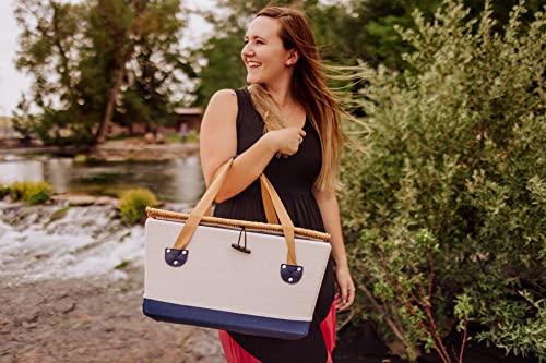 Picnic TIME Boardwalk Picnic Basket, Romantic Vintage English-Style Wooden Basket, Complete Deluxe Service for Four with Durable Canvas and Handwoven Lid - color: Beige Canvas With Navy Blue Accents for 4