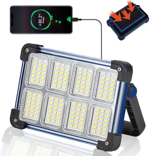 120W Solar Rechargeable Work Light, 144 LED Portable Flood Light with Stand, IP66 Waterproof 4 Modes LED Job Site Lighting Flashlights for Mechanic Camping Fishing Car Repair(Blue 1 Pack) - style: Blue 1 Pack