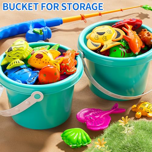 JUKUDAHU Magnet Fishing Toys Game for Kids 3-5 - Floating Fish Toys with Inflatable Kiddie Pool, Bath for Toddlers, Pole Rod Net, Outdoor Party for Boys Girls Kids Age 3 4 5 6 7 8 Year Old - style: 60 PCS Fishing and Round Pool with 2 Pails