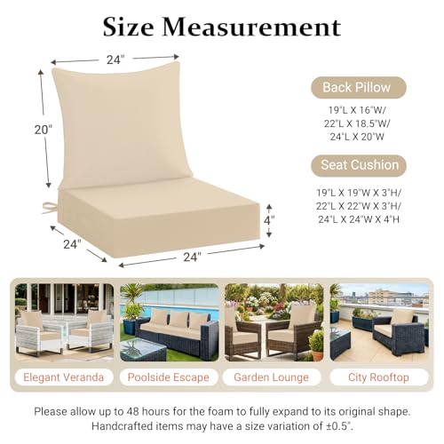 downluxe 24x24 Outdoor Chair Cushions, Waterproof Fade Resistant Patio Furniture Cushions with Handle & Removable Cover, Deep Seat Outdoor Cushions for Sofa, Couch and Patio Chairs, Beige - color: Beige, size: 24 x 24 Inch