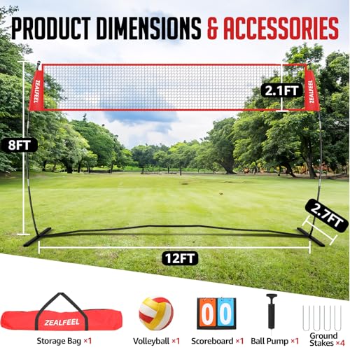 ZEALFEEL Volleyball Net, 12ft/20ft Volleyball Training Net for Backyard Height Adjustable, Portable Freestanding Practice Net for Hitting & Serving Drills, Pop up Net with Carry Bag for Indoor Outdoor - size: 12 FT Volleyball Net Set