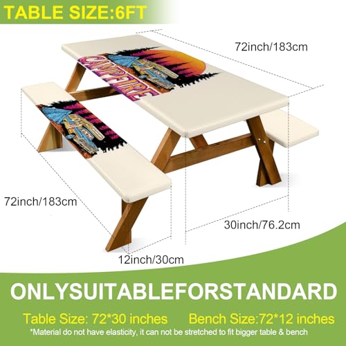 ANNA QUEEN Retro Camping Adventure 6FT Picnic Table Cover with Bench Covers Set of 3 with Drawstring Bag, Vintage Camper 72"x30" Waterproof Picnic Tablecloth & Bench Covers - color: #55