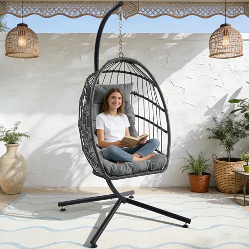 Outdoor Hanging Egg Chair with Stand & Oversized Cushion, 350LBS Capacity Heavy-Duty Patio Swing Hammock Chair, Thickened Metal Frame for Garden, Balcony, Bedroom (Gray, Solo) - color: Grey, size: Solo
