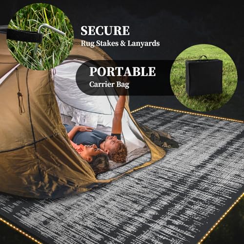 MontVoo Outdoor Rug Waterproof 9x12 ft with Strip Lights Outdoor Patio Rug Mat Reversible Plastic Straw Rug Outside Outdoor Rug for RV Camping Picnic Balcony Backyard - color: Grey Lighted, size: 9' X 12' (Rectangular)