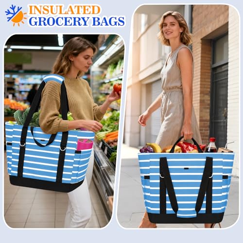 HUANLANG Soft Cooler Bag Insulated for Travel,Large Insulated Grocery Bags with Zippered Top,PEVA Collapsible Food Delivery Cooler Bag for Beach, Travel, Picnics - color: Blue and white stripes