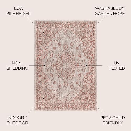 JONATHAN Y Boho Medallion Indoor Outdoor Round Area Rug 5 Ft Red/Taupe, Rozetta Textured Weave for Backyard, Patio, Porch, Easy-Cleaning, High Traffic, Pet-Friendly, Non-Shedding (SMB102A-5R) - color: Red/Taupe, size: 5'3" (Round)