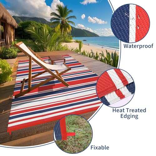GarveeHome 9x18 Modern Geometric Lines Plastic Straw Outdoor Large Rugs Colorful Striped Reversible Indoor Outdoor Rugs Non Shedding Portable Outside Carpet for Trailer RV Backyard, Red Navy White - color: Geometric Stripes| Red Navy White, size: 9' x 18'