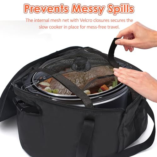 Portable Slow Cooker Travel Bag, Insulated Carrier Case for Most 4, 5, 6, 7, 8 Quart Crock, Internal Mesh Net Holds Pot in Place, Slow Cooker Carrier