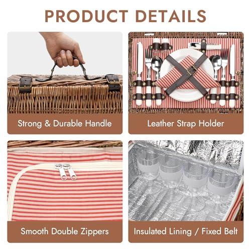 Picnic Basket Set for 4 Persons with Cooler and Waterproof Picnic Blanket, Classical Wicker Picnic Baskets with Waterproof & Sand-Proof Beach Mat,Willow Hamper Service Gift Set - size: 15.55" for 4 Persons with Cooler