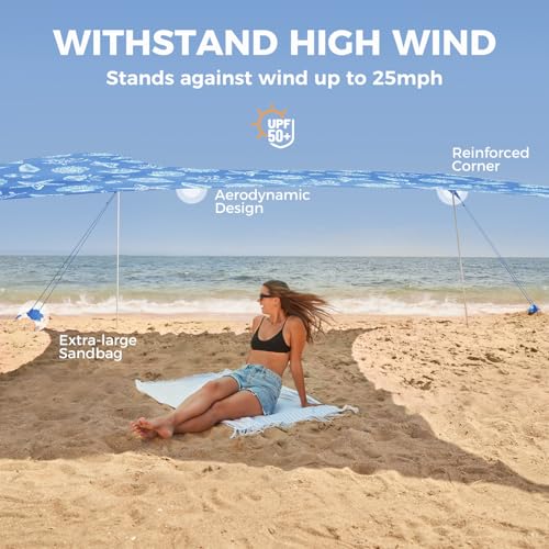 WEKAPO Beach Tent Sun Shelter - Easy Setup Beach Canopy with 4 Sturdy Poles, Large Sandbags and Shovel, 6'7'' Tall, Windproof Sun Shade for Backyard and Camping, UPF 50+ Protectio - color: Blue Sea Shells, size: 8x8 FT 4 Pole