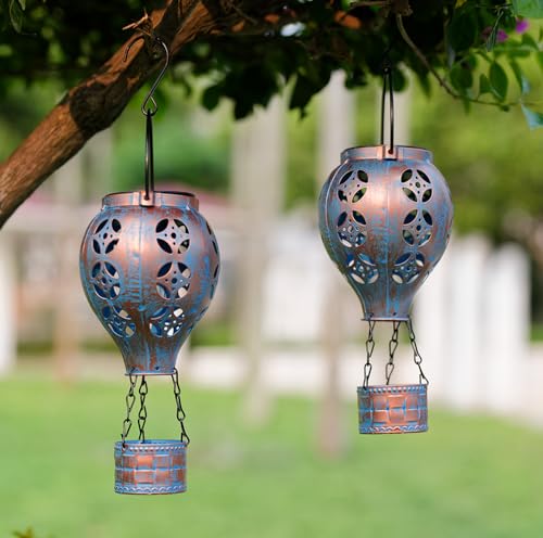 Hot Air Balloon Solar Lantern for Garden Decor,2 Pack Matal Hanging Lantern,Outdoor Metal LED Solar Lights for Yard Patriotic Trees Decor - style: Copper Blue -2 Pack