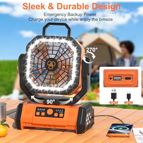 Honesorn Portable Rechargeable Fan 20000mAh, Camping Fan with LED Light & Remote, USB C Cordless Battery Powered, 4 Speeds Timer Hanging Hook for Travel Tent Outdoor Essentials - Orange - color: Orange