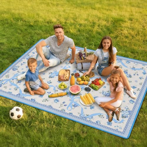 Floral Picnic Blankets Waterproof Foldable, 60″X80″ Packable Picnic Mat Cute Bow Outdoor Blanket for Grass,Large Beach Blanket Sandproof Picnic Accessories for Camping Music Festival Party Park Travel - color: C03, size: 5' X 6'8" (Rectangular)