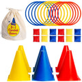 Ring Toss Game, Obstacle Course for Kids 3-5 & Birthday Party Games, Carnival Bean Bags for Tossing Gross Motor Toys for Toddlers 3-5, 12 Rings & 12 Bean Bags, 6 Cones for Kids, PE Equipment