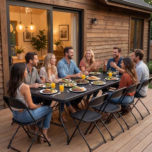 8FT Folding Table, Heavy Duty Plastic Fold-in-Half Utility Table with Handle, Portable Camping Picnic Table with Steel Legs for Indoor Outdoor Party, Dining, BrownBlack - color: Black, size: 8FT