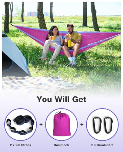 MOSFiATA Camping Hammock, Heavy Duty up to 700lbs with 2 Tree Straps and Attached Carry Bag Portable Outdoor Hammock for Backpacking Hiking Travel,Beach (Pink Purple) - color: Pink Purple