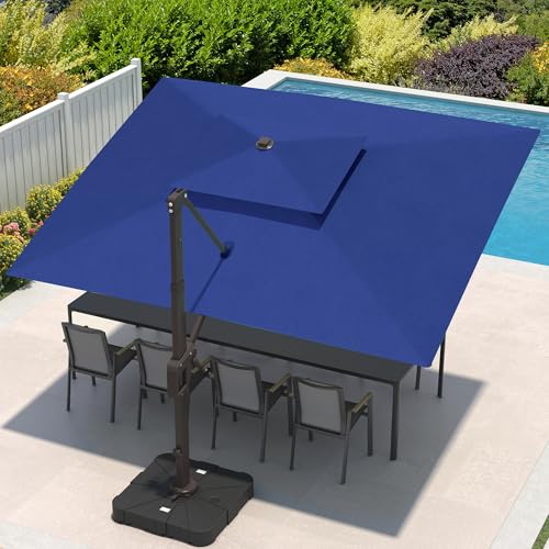 9x12 FT Cantilever Patio Umbrella with Base and Led Lights Double Top Outdoor Rectangular Large Heavy Duty Aluminum Offset Umbrellas with 7 Level Tilt 360-degree Rotation for Pool Garden Deck, Navy - color: Navy, size: 9' X 12'-with Light & Base