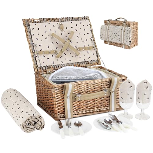 Willow Picnic Basket Set for 2 Persons with Large Insulated Cooler Bag and Waterproof Picnic Blanket, Wicker Picnic Hamper for Camping,Outdoor,Birthday - color: Beige Flower