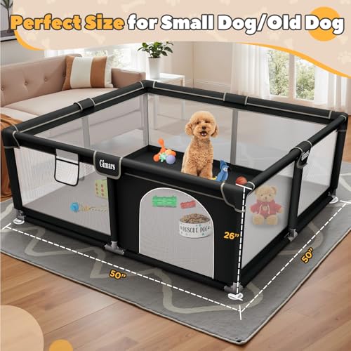 50x50x26 Inches Puppy Playpen with Gate, Dog Playpen for Puppies or Small Dogs, Sturdy Safety Dog Fence Pet Playpen with Thickened Fabric, High-Strength Nylon Wire Mesh for Indoor & Outdoor,Washable - color: Black-Large
