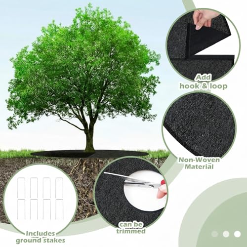 Tegeme 4 Pack 24.5 Inch Tree Ring with Self Adhesive and 8 Ground Pins, Degradable Protector Mat Reusable Non Woven Tree Mulch Ring Mat for Gardening Landscaping Weed Control Root Protection