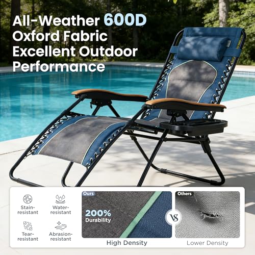 PHI VILLA XXL Oversized Padded Zero Gravity Chair Set of 2, Foldable Patio Recliner, 30" Wide Seat Anti Gravity Lounger with Armrest and Cup Holder, Support 400 LBS (Blue Accents) - color: Blue Accents, style: 2 Pcs